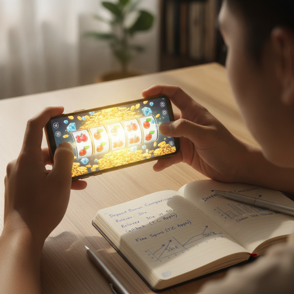 Person comparing casino bonus offers on mobile phone with notes on table